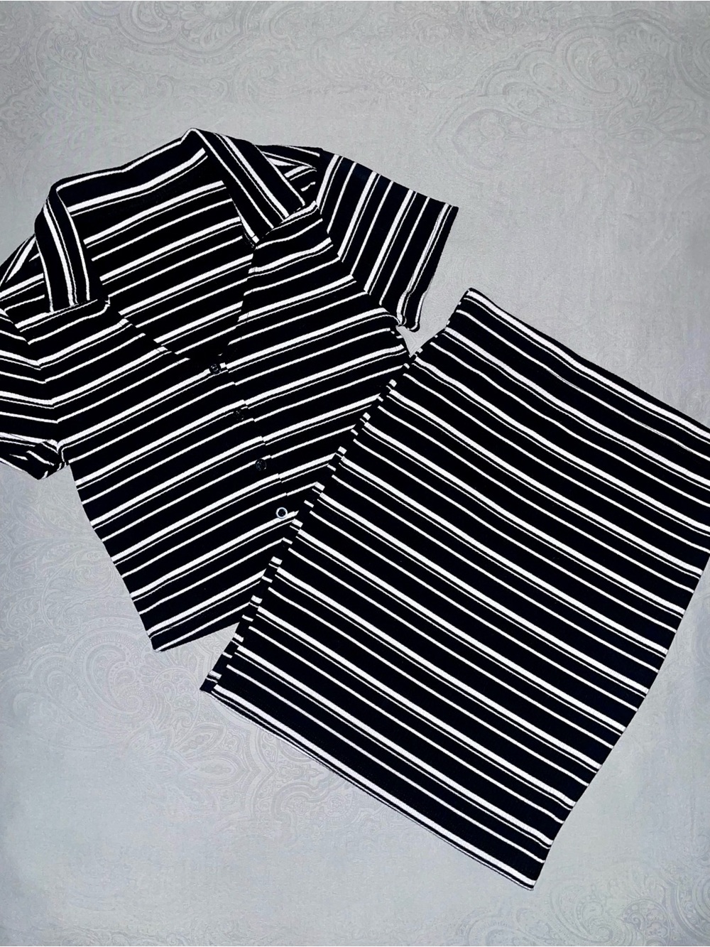 Black & White Striped Short Sleeve Collared Button Crop Top & Mini Skirt Set S